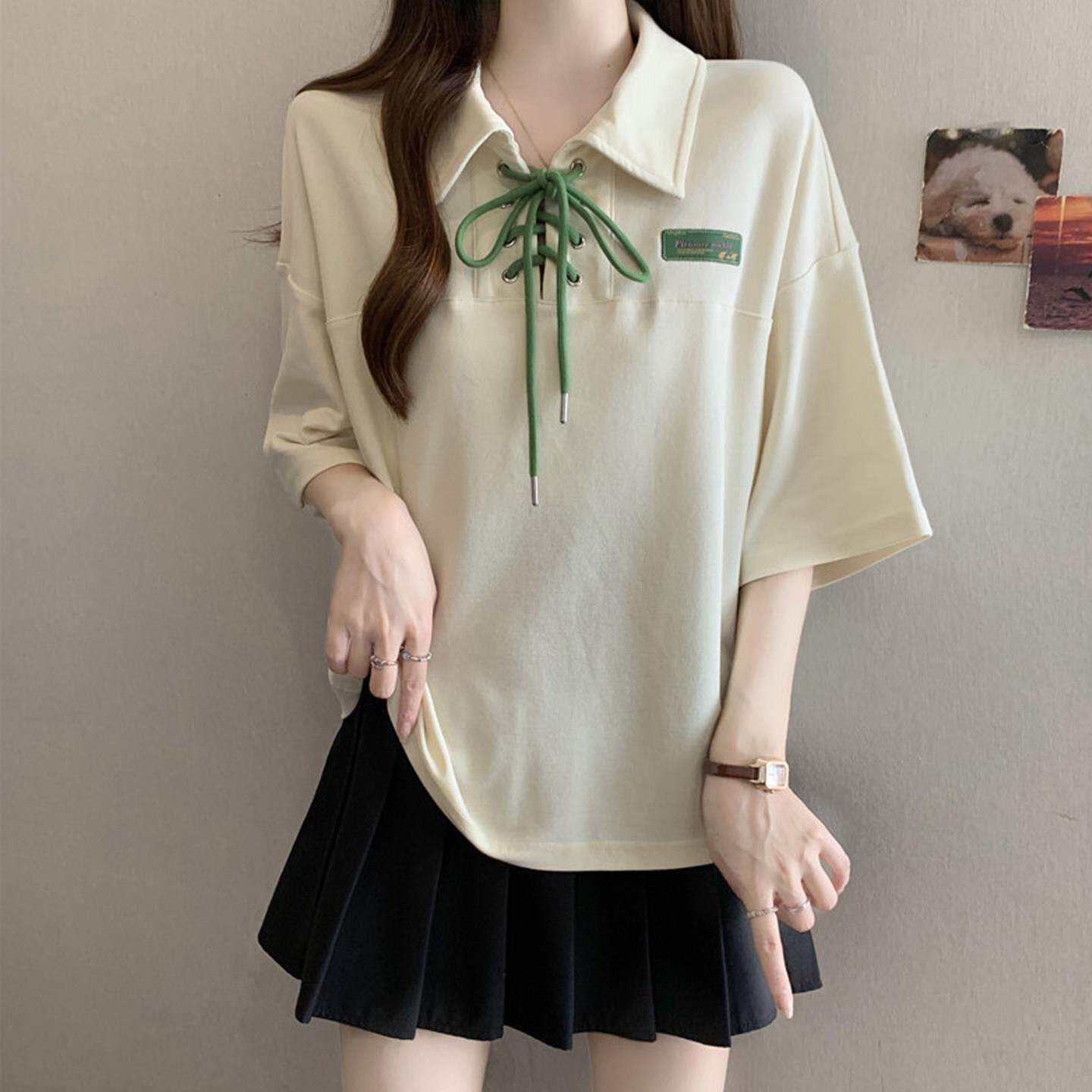 韩版绑带POLO领短袖T恤女夏季大码胖mm显瘦设计感学院风半袖上衣