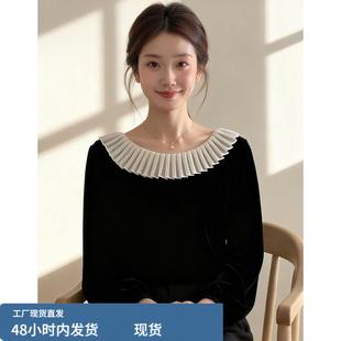 法式优雅chic黑色拼接圆领长袖丝绒衬衫女冬季款轻奢百搭显瘦上衣