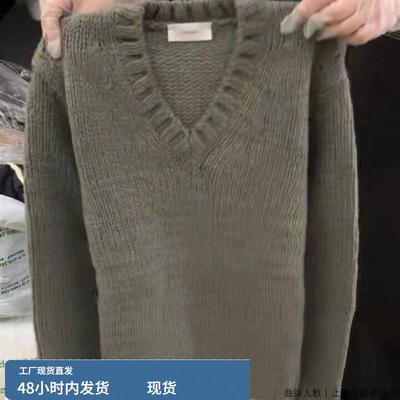 CHAO级推荐浅墨绿色V领套头羊绒毛衣女秋冬新款覆古重磅针织衫