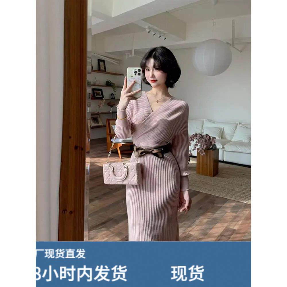 韩系性感辣妹覆古气质V领针织连衣裙女内搭打底巨好看早秋长裙子,运动/瑜伽/健身/球迷用品,瑜伽短裙,淘宝优惠券,粉丝福利购,淘宝优惠卷