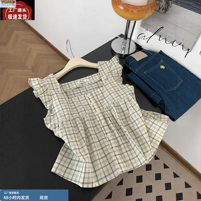 法式方领格子无袖衬衫女夏季设计感宽松小个子短款小飞袖上衣