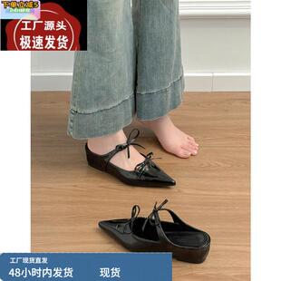羊皮版~真皮黑色蝴蝶结内增高包头半拖鞋女夏外穿尖头玛丽珍单鞋