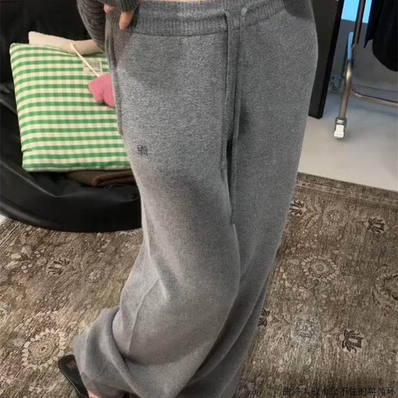 CHAO级推荐灰色松紧腰抽绳休闲羊毛卫裤女秋季韩版百搭针织长裤