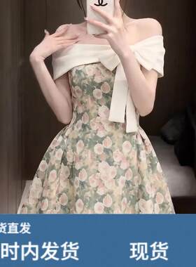 法式复古一字肩碎花洋装女夏季2026新款蝴蝶结露肩收腰生日短裙