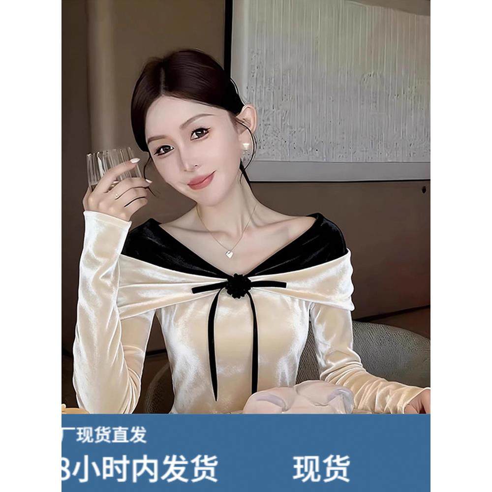 高端小资一字肩扭结丝绒衬衫长袖女秋冬季设计感撞色洋气衬衣上衣,模玩/动漫/周边/娃圈三坑/桌游,Cosplay女装/cos女装,淘宝优惠券,粉丝福利购,淘宝优惠卷