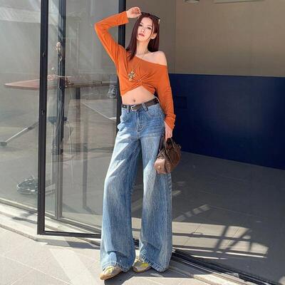 美式复古高腰阔腿牛仔裤女春季磨白抓纹宽松显瘦休闲直筒拖地长裤