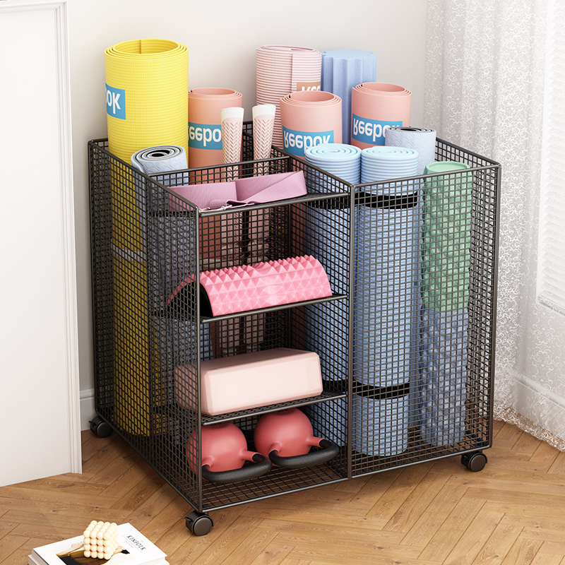 瑜珈垫收纳筐健身器械可移动运动器材收纳层架置物架羽毛球带轮家