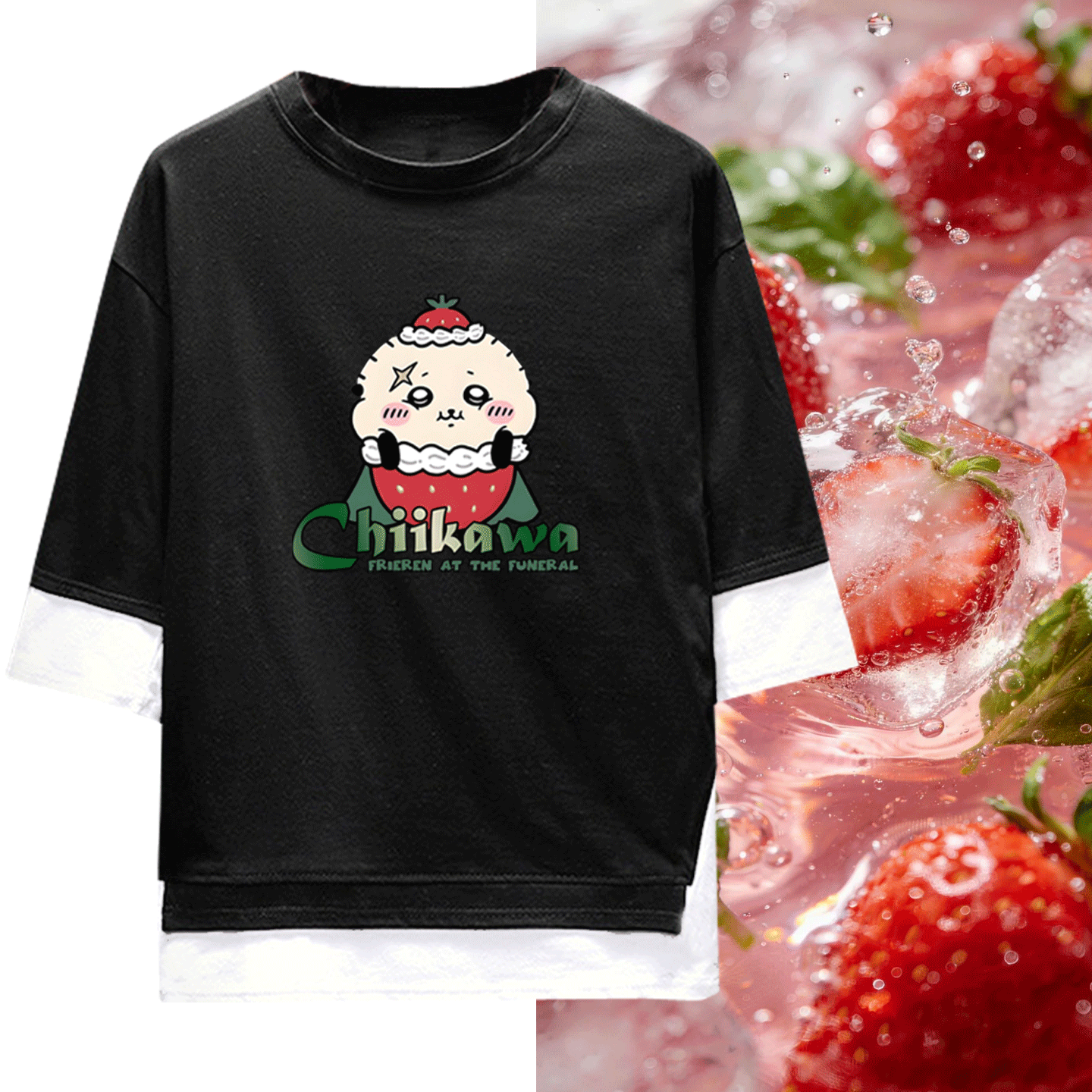 chiikawa吉伊卡哇水果派对联名卡通可爱短袖假两件T恤男女可定制