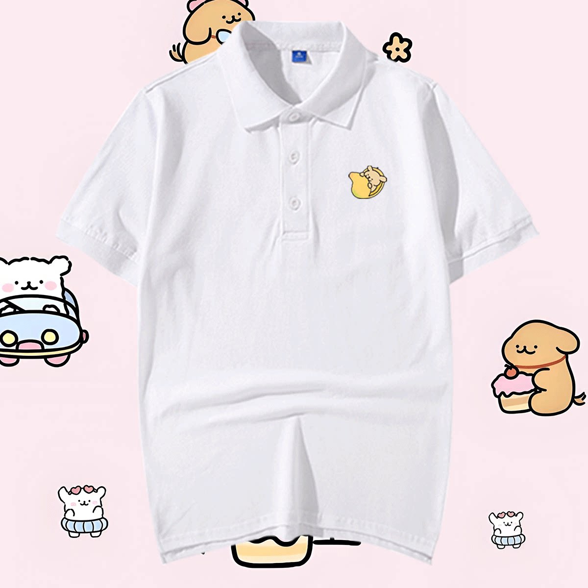 线条小狗周边卡通可爱男女短袖情侣休闲T恤百搭可定制纯棉POLO衫
