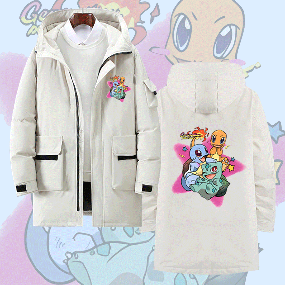 精灵宝可梦联名男神奇宝贝动漫皮卡丘周边秋冬定制连帽外套羽绒服