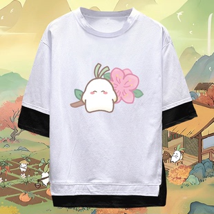 桃园深处有人家萝卜人春日赏花游戏男女情侣定制休闲短袖T假两件