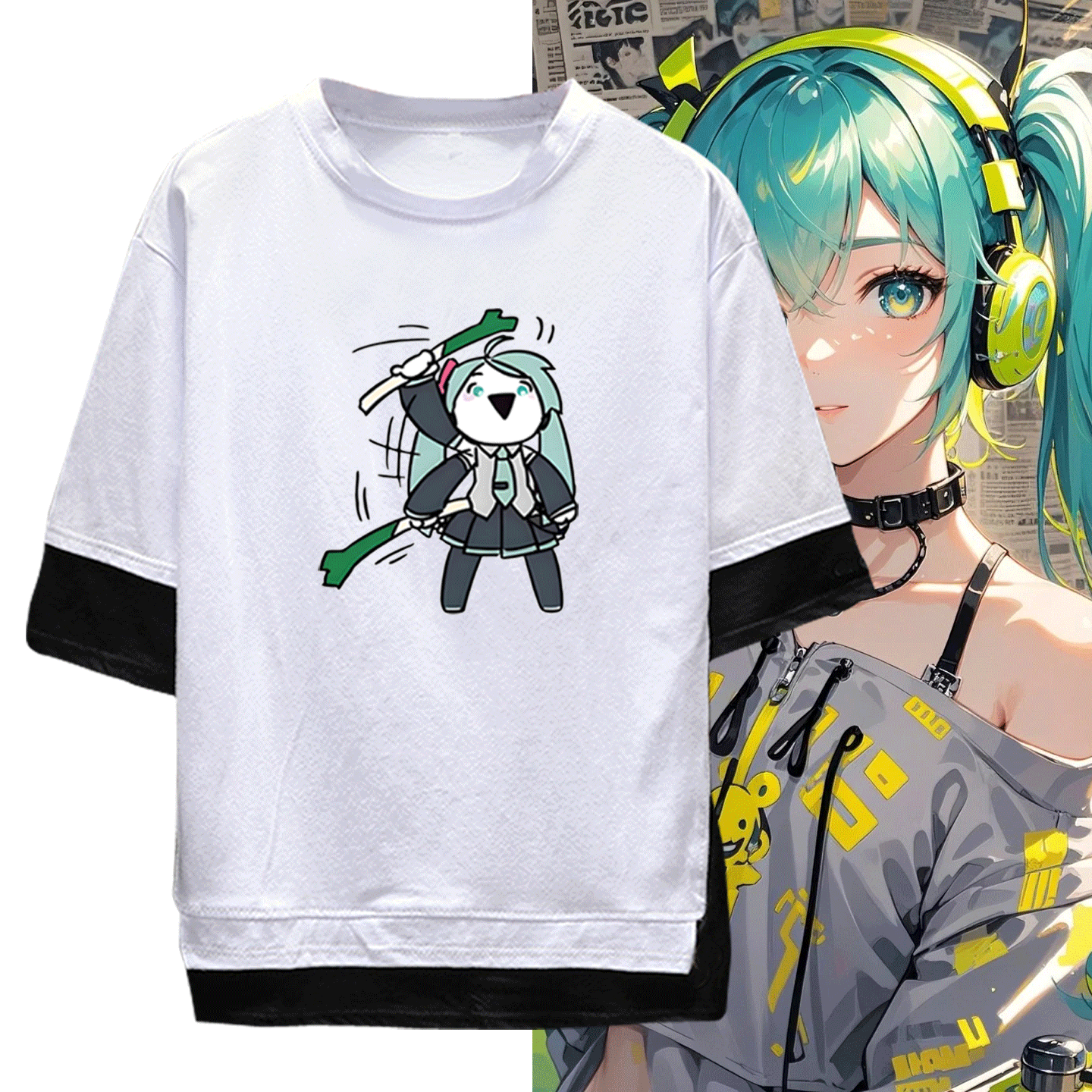 MIKU初音周边Q版短袖T恤衫二次元男女假两件可定制学生青少年夏季