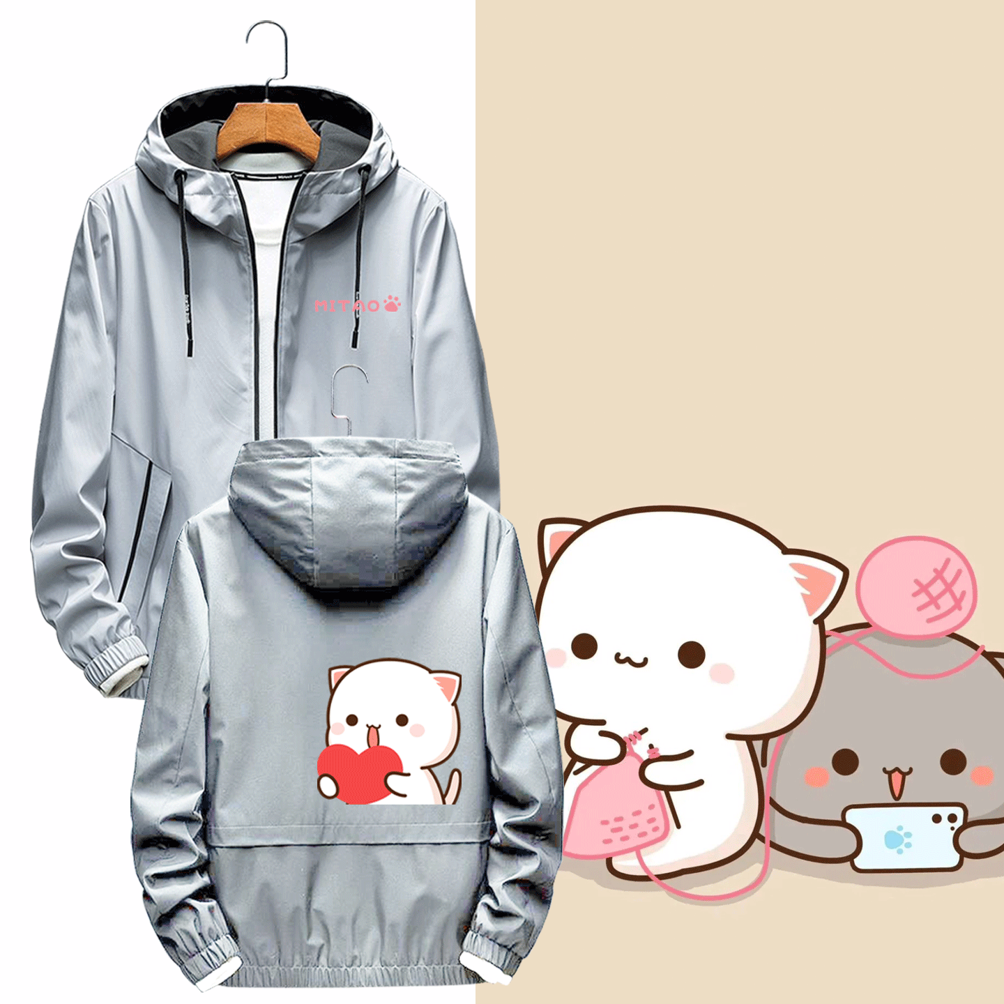 蜜桃猫卡通可爱周边动画可定制连帽开衫夹克外套男女学生情侣秋冬