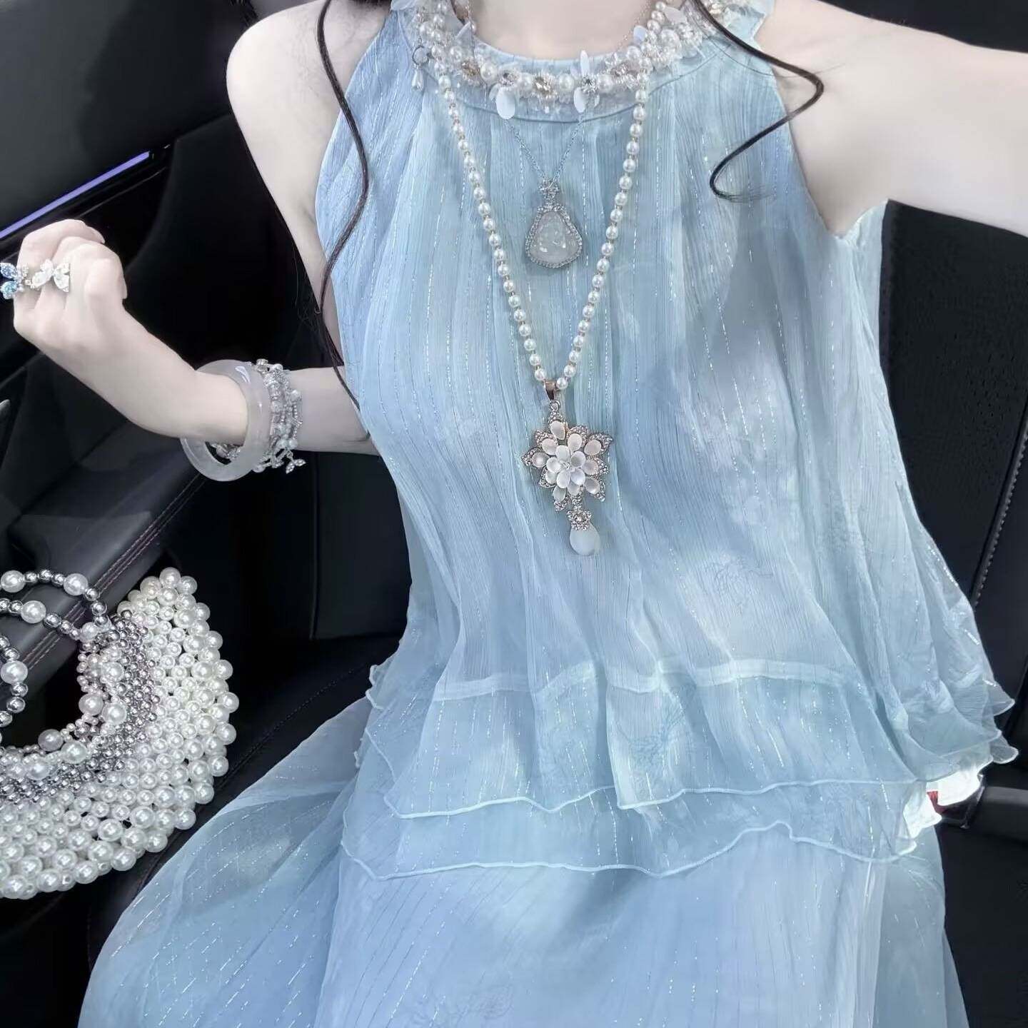 【蓝雾】桑蚕丝假两件挂脖连衣裙女夏小个子度假风长裙仙女风气质