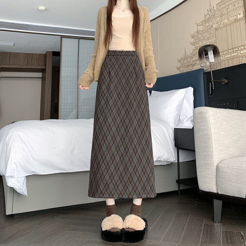 秋冬季韩版复古菱形格毛呢高腰长裙chi格子中长直筒半身裙女