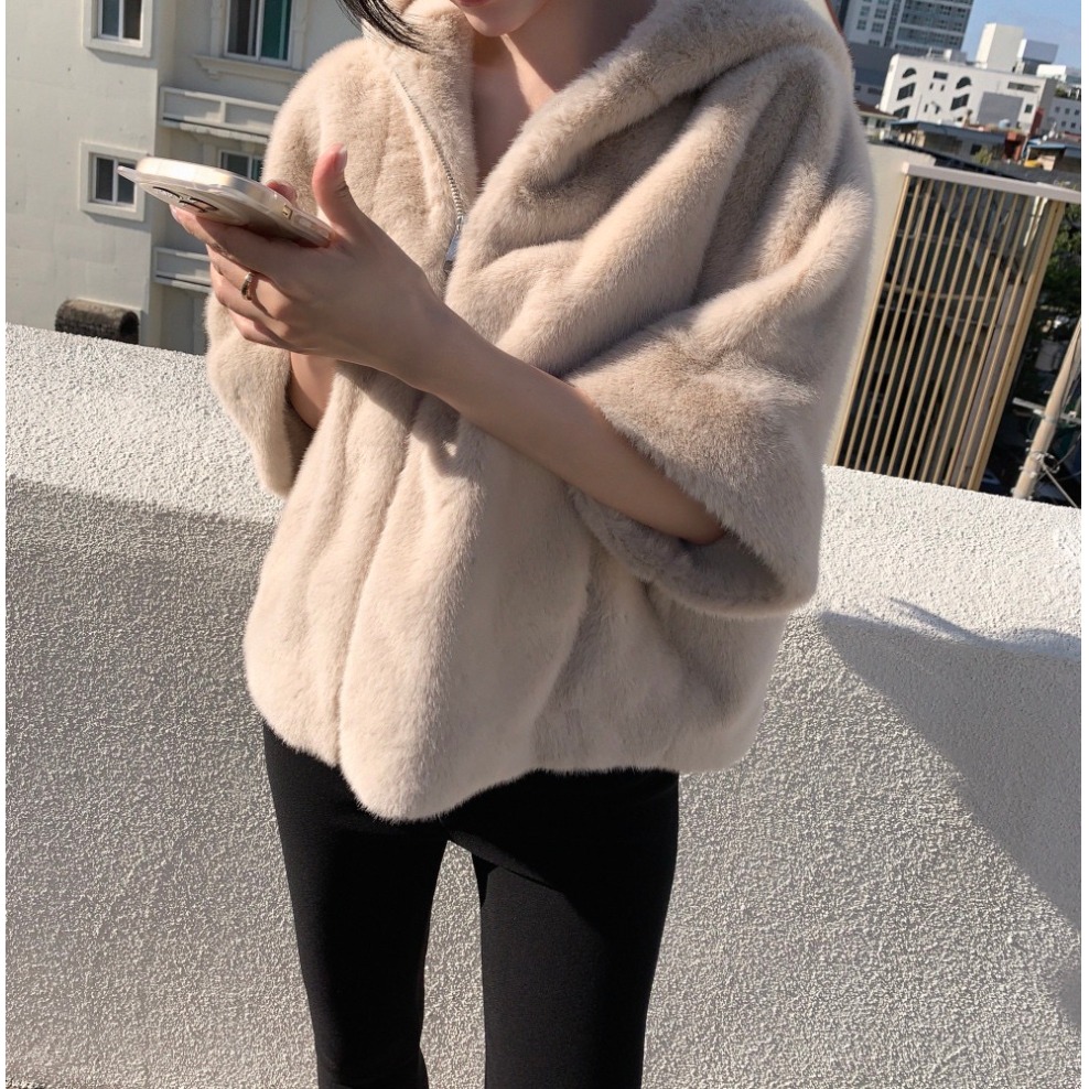 韩国东大门chic2025秋冬复古气质连帽水貂毛皮草宽松百搭毛绒外套