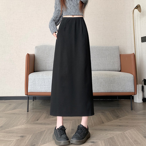 秋冬季韩版松紧毛呢纯色高腰显瘦中长裙chi中长半身裙女