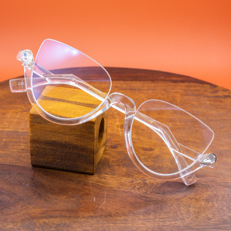 豹纹下半框反倒框近视猫眼塑料下半边眼镜框架女镶钻浅蓝个性装饰