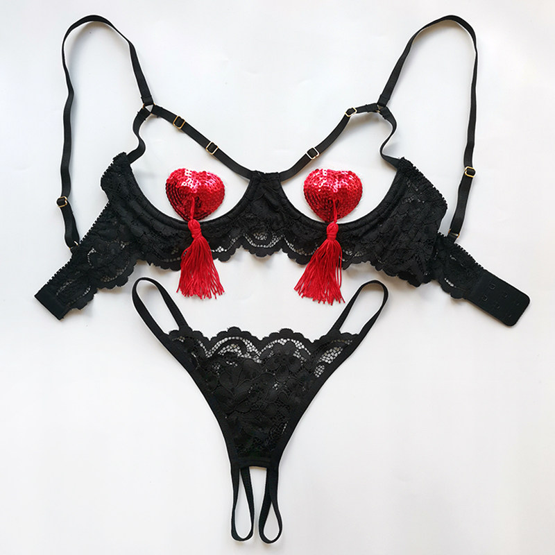 v型集中聚拢小胸胸罩性感情调内衣镂空胸托钢托蕾丝透视文胸套装