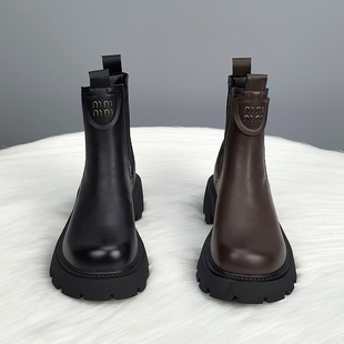 真皮厚底马丁靴女款2025新款英伦风秋冬加绒切尔西烟筒靴女短靴