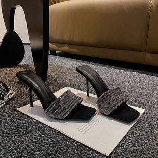2025年夏季新款凉鞋细跟水钻外穿女凉拖半拖杨树林一字带高跟鞋女