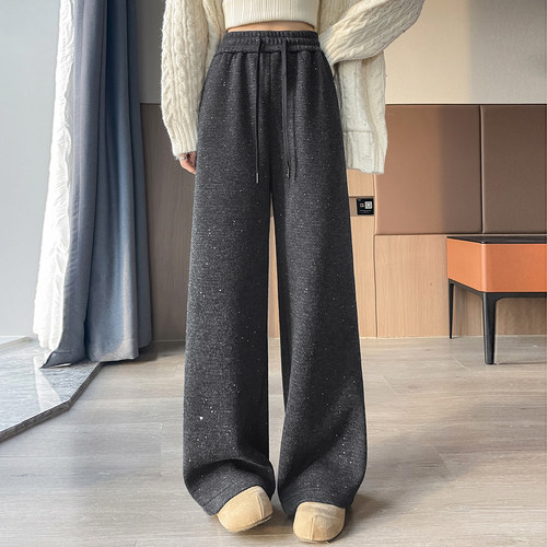 针织亮片阔腿裤女加绒加长休闲裤