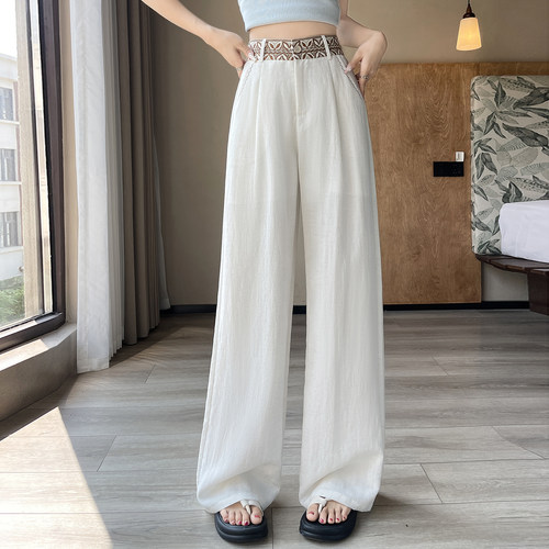 刺绣亚麻阔腿裤女夏直筒休闲裤子