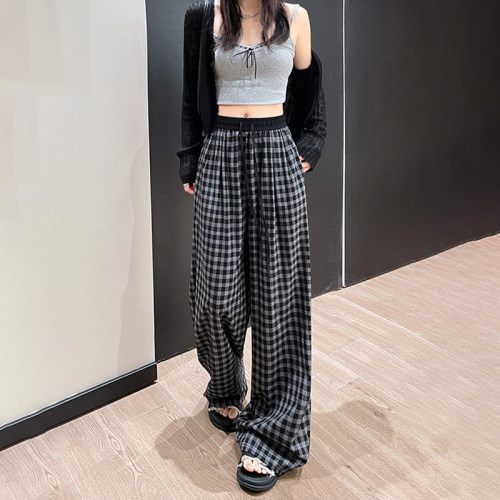 垂感复古格子阔腿裤女夏季休闲裤