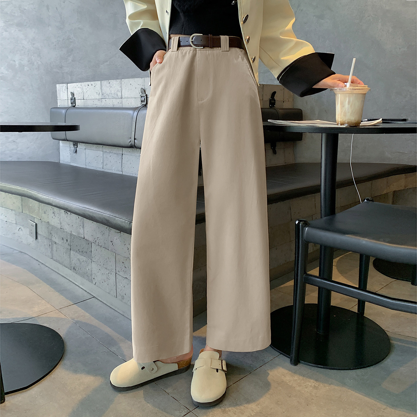 基础洗水纯棉九分直筒休闲阔腿裤