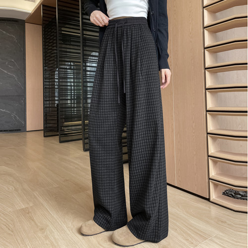 舒适黑白格子阔腿裤女春季休闲裤