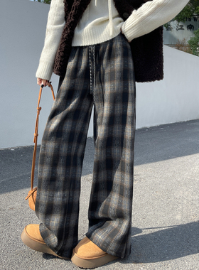 加绒加厚复古大格子毛呢格子阔腿裤女2025秋冬新款直筒宽松休闲裤