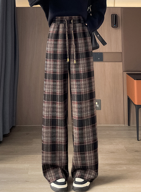 加绒复古条纹毛呢格子阔腿裤女小个子秋冬新款加厚直筒窄版休闲裤