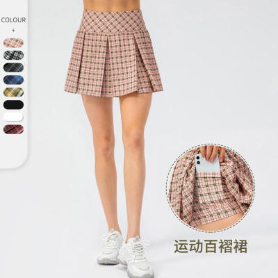 春夏新款格子运动裙户外跑步网球裙裤假两件瑜伽裙裤百褶裙22442