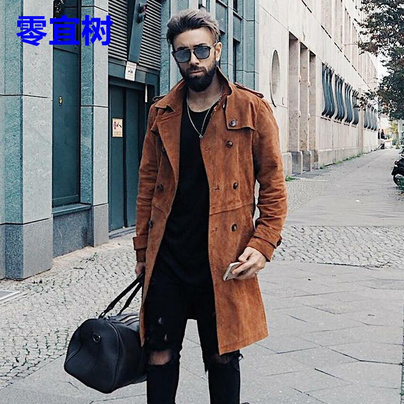 外贸2025秋冬新款美式复古麂皮外套男士中长款翻领风衣双排扣大衣