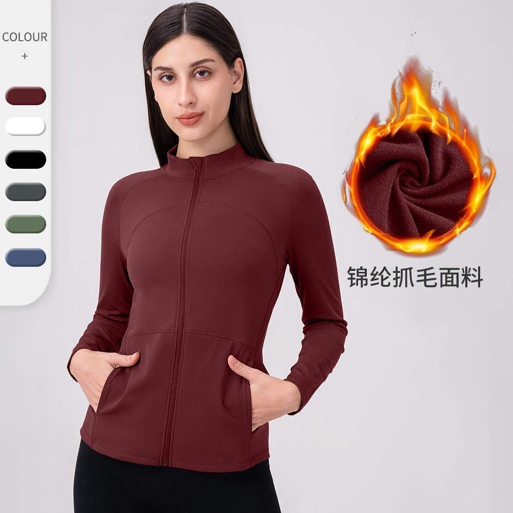 秋冬加绒锦纶瑜伽服健身外套女 拉链弹力健身跑步运动长袖12614