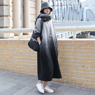 欧美街拍原创设计秋冬袍子连衣裙女长款 宽松羊毛呢文艺保暖长裙