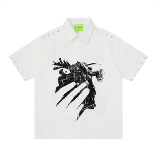 Yuquan街头嘻哈亚文化卡通做旧印花衬衫夏季新款宽松纯棉短袖情侣