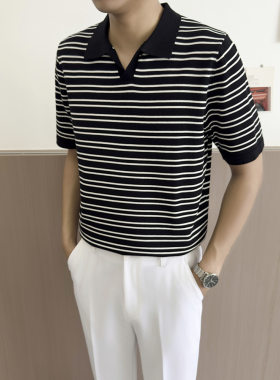 Yuquan轻熟男士短袖休闲条纹针织Polo衫夏季新款高端潮牌翻领