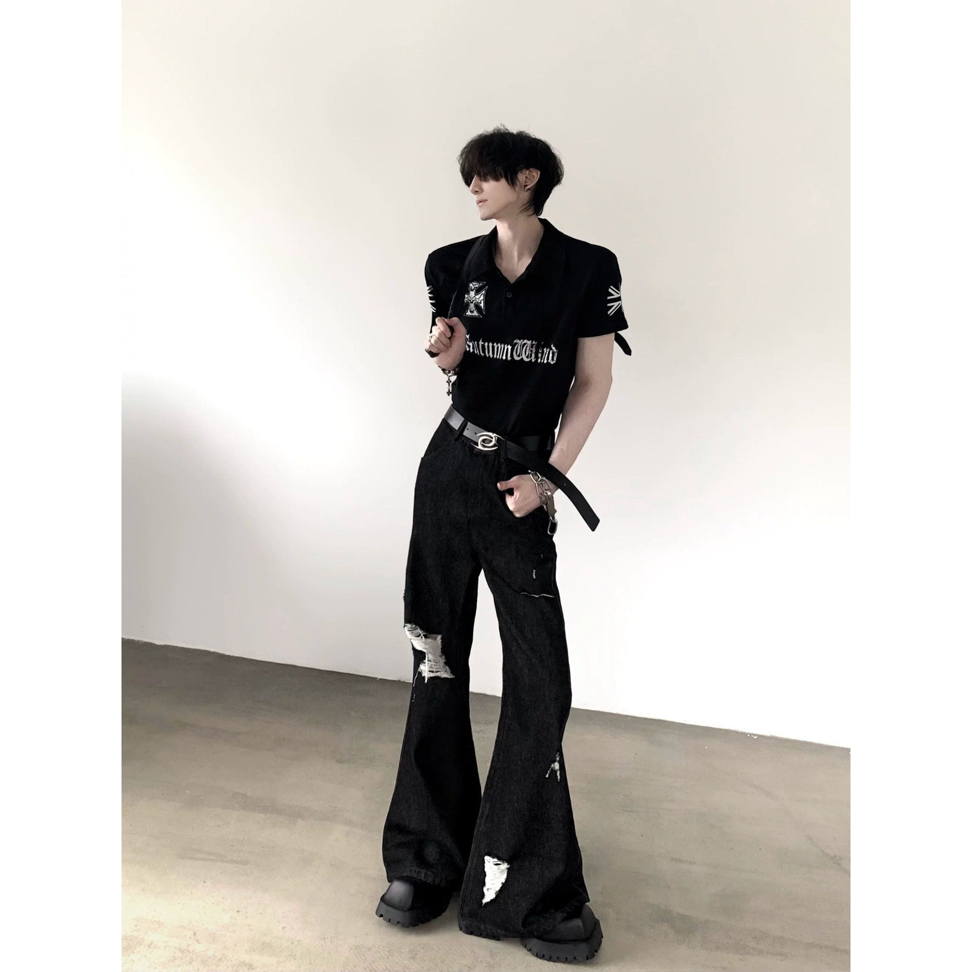 Yuquan美式街头破坏vibe破洞牛仔裤男款潮牌复古垂感微喇叭休闲长图片