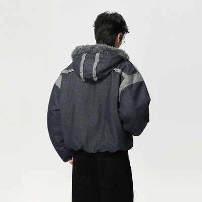 Yuquan羽泉男装|复古拼接毛绒连帽拼色帆布工装夹棉百搭