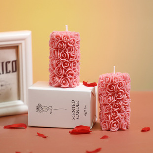 跨境玫瑰花柱香薰蜡烛雕花香氛无烟烛台摆件生日腊烛礼品手工