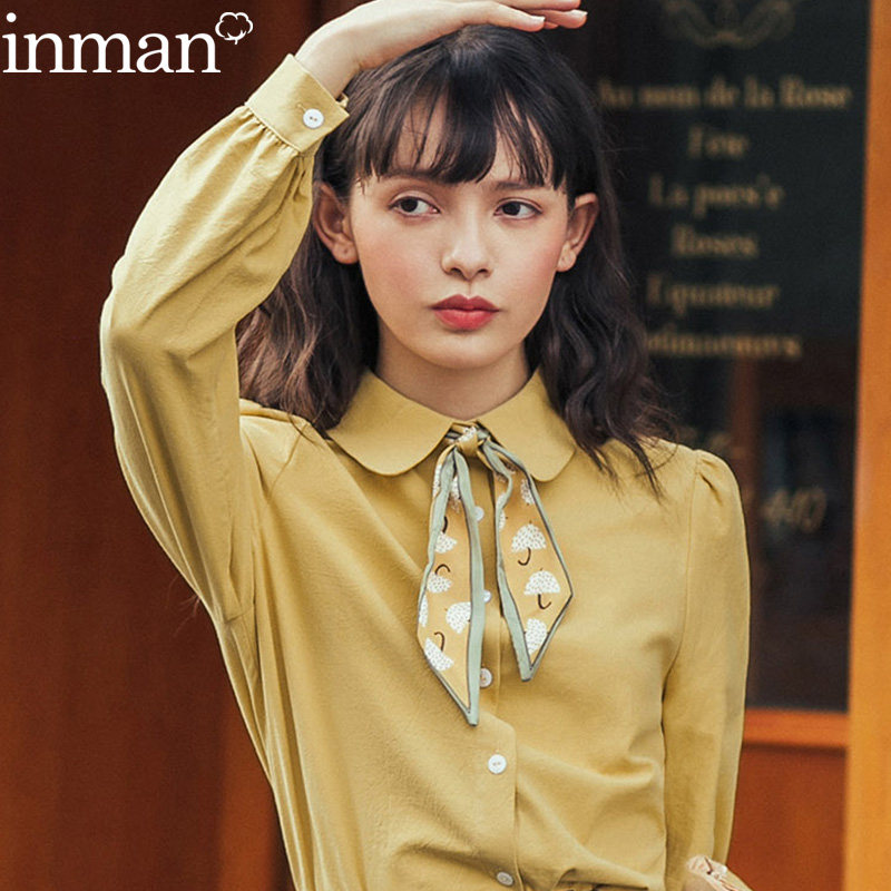 茵曼旗舰店娃娃领森系上衣女士日系衬衫纯棉百搭秋季气质长袖洋气