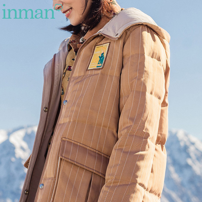茵曼女装旗舰店茵蔓冬装条纹廓形羽绒服中长款2020年新款轻便宽松