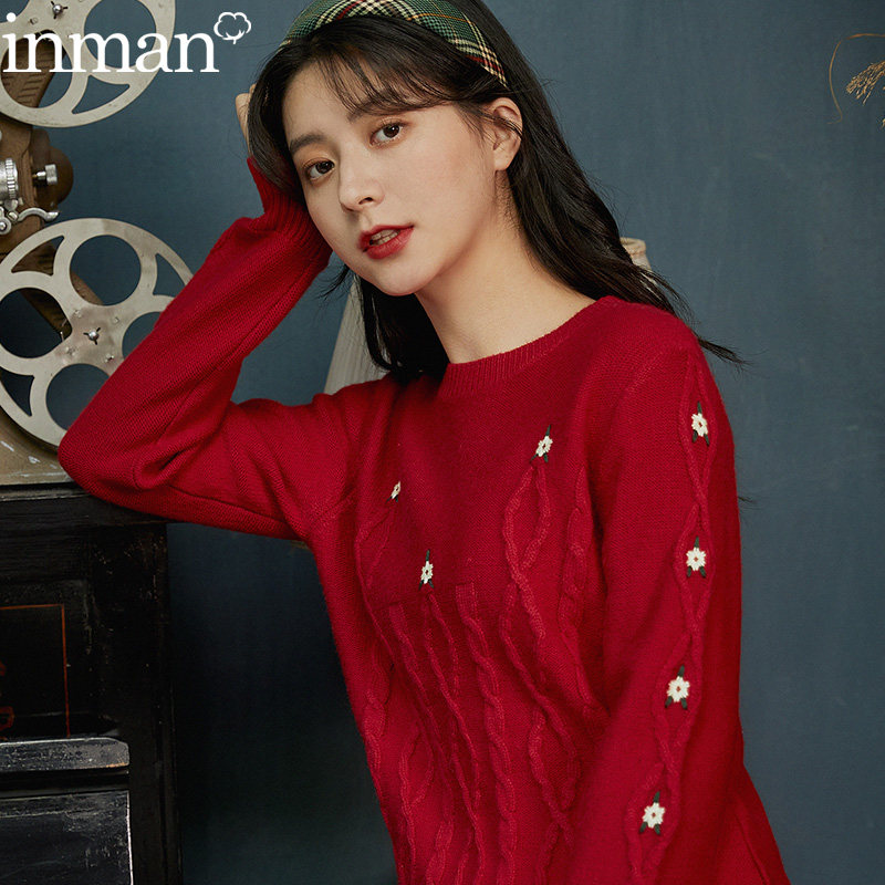 茵曼套头女车厘子红宽松红色毛衣小外套慵懒风春秋冬韩系外穿洋气