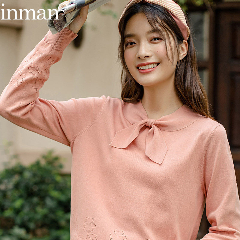 茵曼旗舰店2020新款秋装温柔风甜美毛衣女套头针织茵蔓蝴蝶结上衣