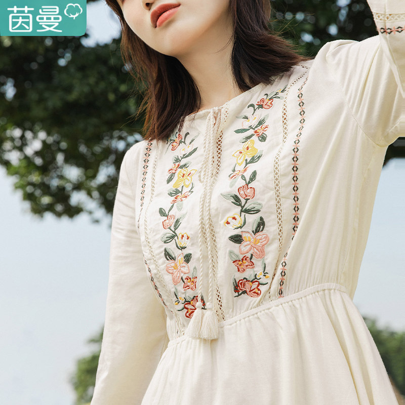 茵曼旗舰店2021春秋新款七分袖棉麻连衣裙民族风仙女亚麻长裙茵蔓