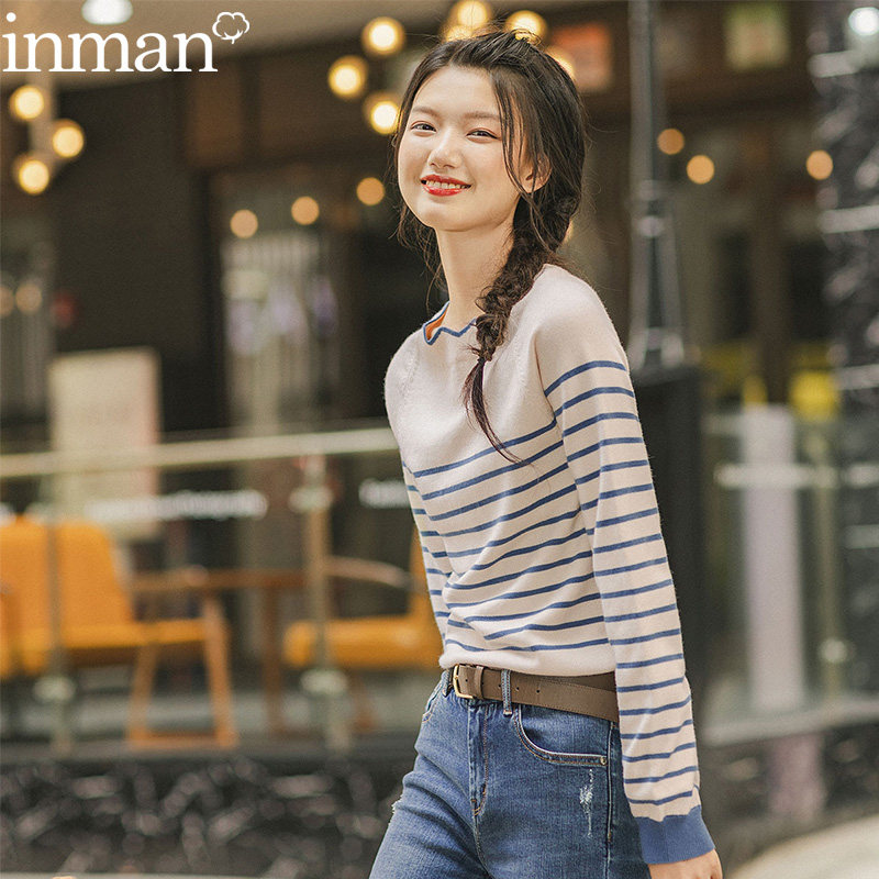 茵曼旗舰店女士官方春秋短款上衣洋气条纹针织打底衫毛衣女装2020