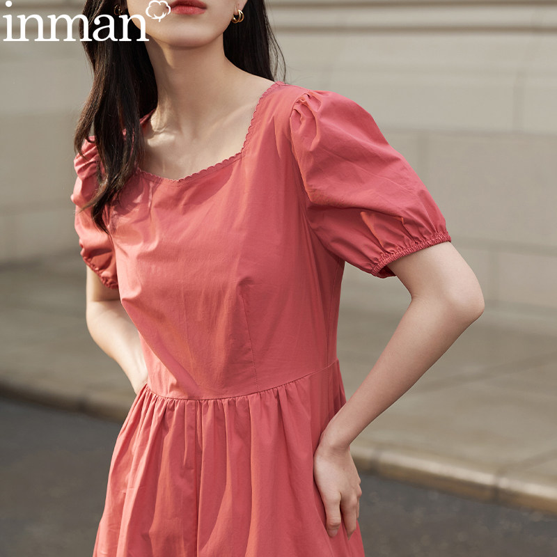 茵曼法式方领茶系连衣裙女泡泡袖气质伞裙子初恋系别致2022新款夏