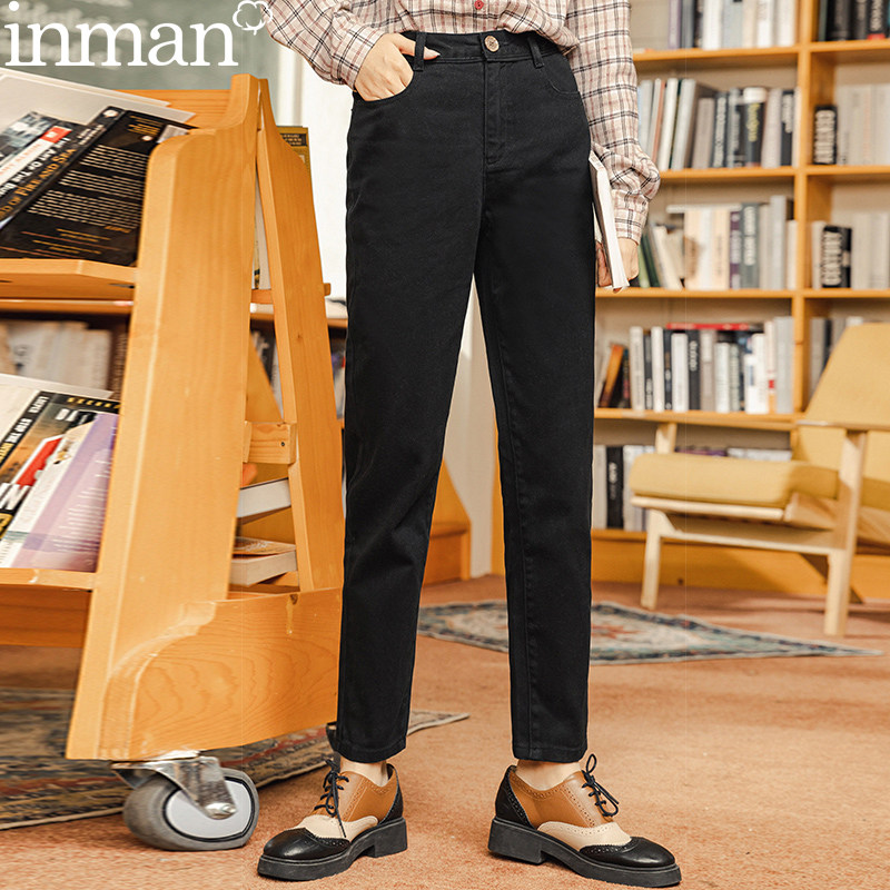 茵曼旗舰店女装茵蔓女裤子牛仔裤直筒2020新款秋款烟灰色宽松高腰