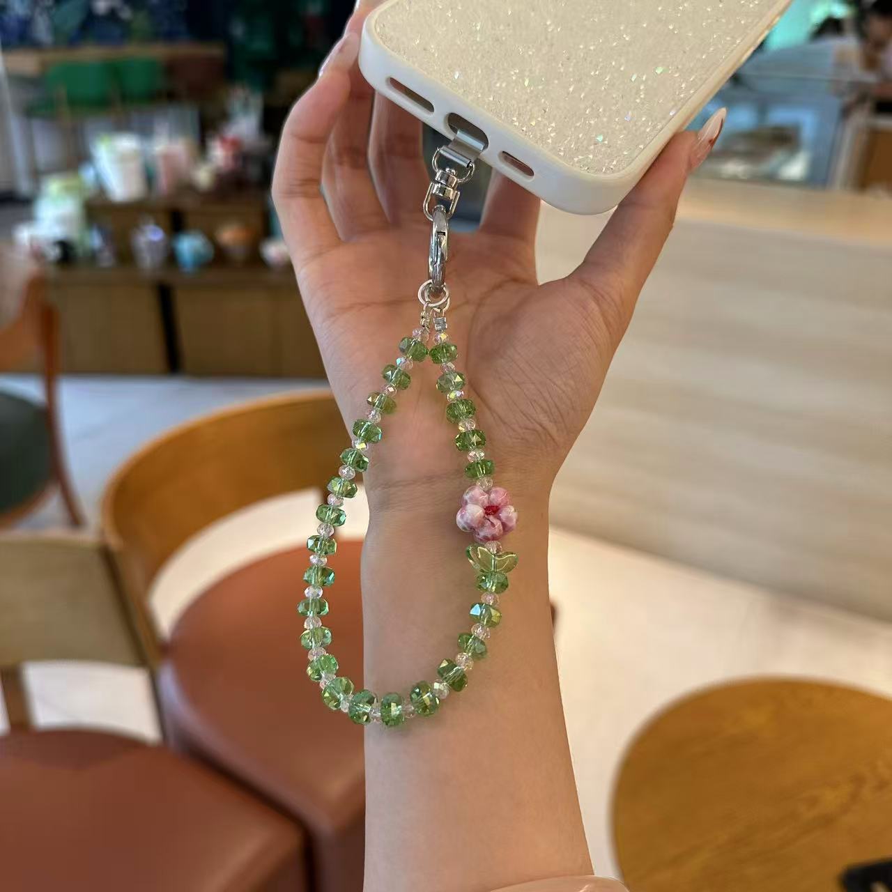 T-14绿色水晶珠手机挂件花朵装饰链条挂饰女